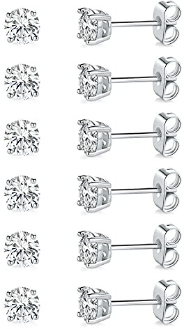 MDFUN Hypoallergenic CZ Stud Earrings Set for Women/Men,6 Pairs 18K Gold Plated Round 5mm Clear Cubic Zirconia Earring Pack Jewelry Gift
