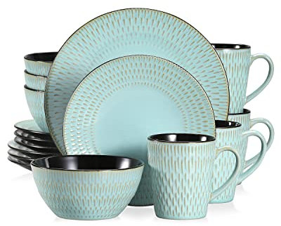 vancasso PLUVO Embossed Dinner Set, Stoneware Vintage Look Green Dinnerware Tableware, 16 Pieces Dinner Service Set for 4, Include Dinner Plate, Dessert Plate, Cereal Bowl and Mug