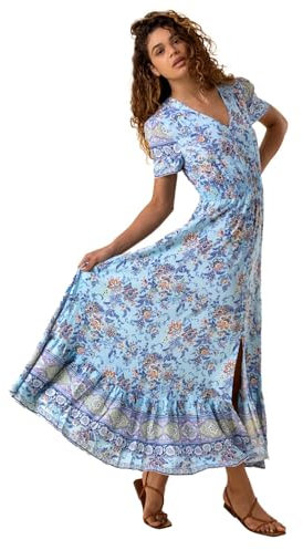 Roman Originals Shirred Empire Waist Dress for Women UK Ladies Midi Maxi Summer Spring Tiered Frill Hem Short Sleeve V Neck Button Through Boho Bohemian Holiday Cruise - Blue - Size 18