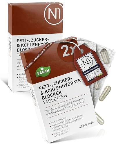 N1 Fettblocker + Zucker & Kohlenhydrate-Blocker Medizinprodukt zur Behandlung & Vorbeugung von Übergewicht - Diät, abnehmen Tabletten schnell, 90 Tabletten