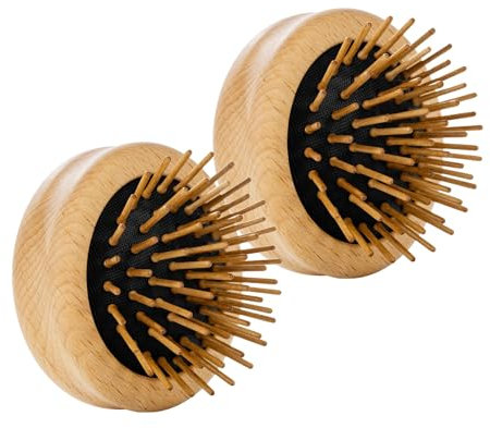 REMOS Haarbürste mini, faltbar mit Holzstiften aus Buchenholz, runde kompakte Entwirrbürste 2x