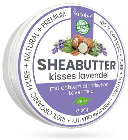 Sheabutter Bio - kisses Lavendel - mit ätherischen Lavendelöl - Vitamin E - Premium Qualität - 100g in Aludose - Nakobe