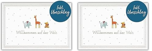 bsb Karte zur Geburt - Geburtskarte Mädchen & Junge - schöne Karte Geburtstag mit Tier-Motiv - liebevolle Happy Birthday Karte mit Umschlag - Glückwunsch-Karte Geburt in 11,5 x 17,0 cm (Packung mit 2)