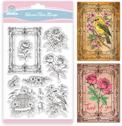 GLOBLELAND Vintage Flower and Bird Clear Stamps Vintage Frame Silicone Clear Stamp Seals Butterfly Rose Transparent Stamps for DIY Scrapbooking Cards Making Photo Album Journal