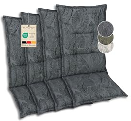 GO-DE Textil Bequeme und attraktive Polsterauflagen für Mittellehner-Gartenstühle (4er-Set, Blattmotiv groß anthrazit, Mittellehner)