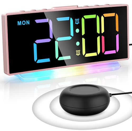 Högt Vibrerande Väckarklocka Säng Skakare, RGB Digital Väckarklocka med 8-färgs Stor Display, Nattlampa,Två Larm,LED Digital Skrivbordsklocka för Tunga Sovande,Hörselskadade,Barn,Sovrum,Minne Stäng av