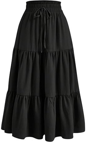 duxyoz Maxi Skirts for Women Summer Boho Tiered Long Flowy Skirt Bohemian Boho Drawstring High Waisted Swing A-Line Skirt Casual Party Holiday Ruffle Gypsy Vintage Pleated Skirts Full Length Black