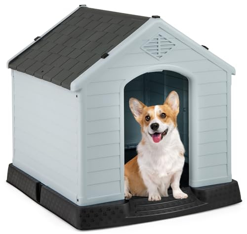GOPLUS hundkoja av plast, kennel för inomhus och utomhus, hundhus med ventilationssystem och fästanordning, stabil och reptålig, med förhöjd botten (S)