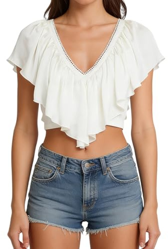 Women Y2K Ruffled V Neck Crop Top Frill Trim Tie Back Going Out Top White