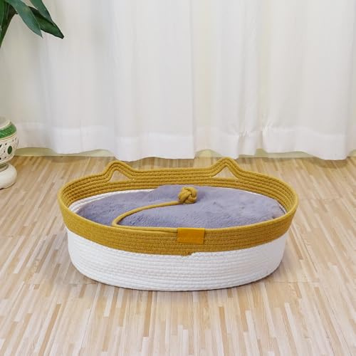 Yaruiguang Natural Rope Cat Basket, Cozy Bed with Plush Cushion for Cats