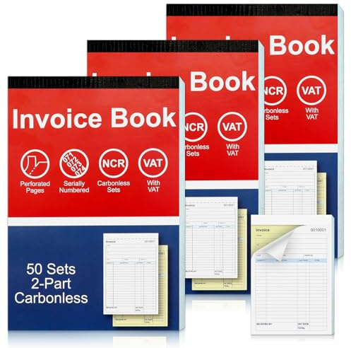 3 Pack Duplicate Invoice Book A5 Invoice Book Self Employed 50 Set Receipt Book 2-Part Carbonless 137x203mm Perforated Pages for Small and Larger Business Sales Red Blue