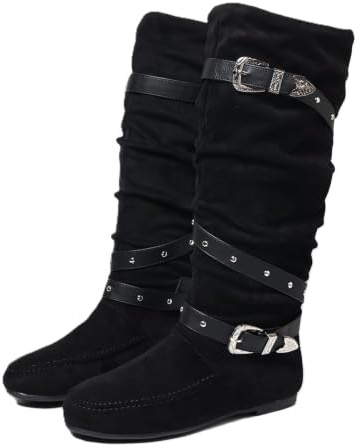 Slouchy rynkade knähöga stövlar för kvinnor platta western cowboy ridstövlar, Mocka svart nitbälte, 41 EU | med spänne nit rem dekor vardagliga höga vinterstövlar för semester fest shopping gatustil födelsedag