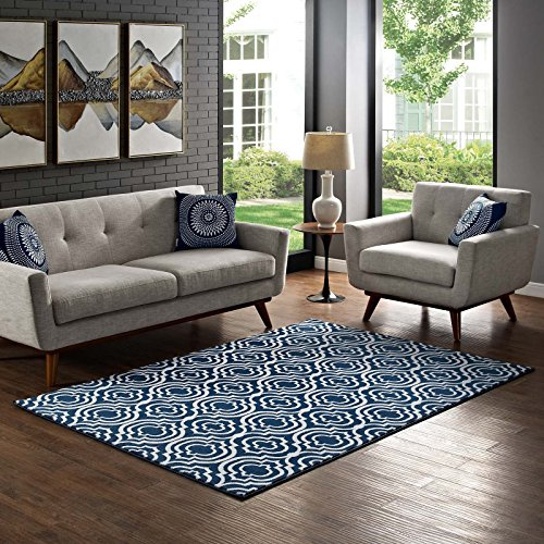 Modway Frame Transitional Moroccan Trellis 5x8 Area Rug in Morcoccan Blue and Ivory