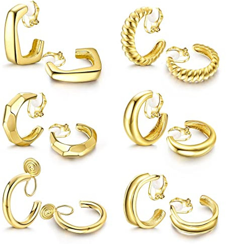YADOCA 6 Paare Clip Ohrringe Damen Mädchen Silber Gold Hypoallergen Chunky Creolen Ohrclips Ohne Ohrlöcher Klips Ohrringe Set Modeschmuck Geschenk