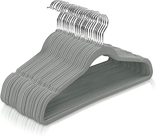 Ediesi, Samt-Kleiderbügel, 50 Stück, grau, rutschfest, weich, dünn, für Hose, Hemd, Rock, Anzüge (50 Stück, Grau ohne Korbatur)
