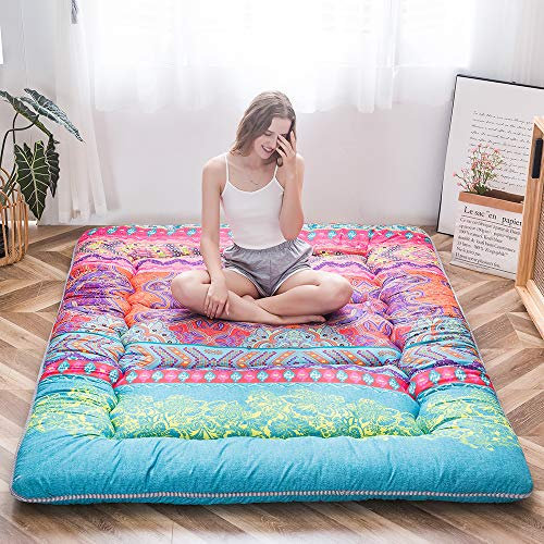 MAXYOYO Böhmische Retro Futon Matratze - Vintage Blumenmuster japanische Bodenmatratze - rollbar verdicken Gästebett, Schlafbett, tragbare Campingbett, Tatami Matte (Bohemian B, 90 x 190 cm)