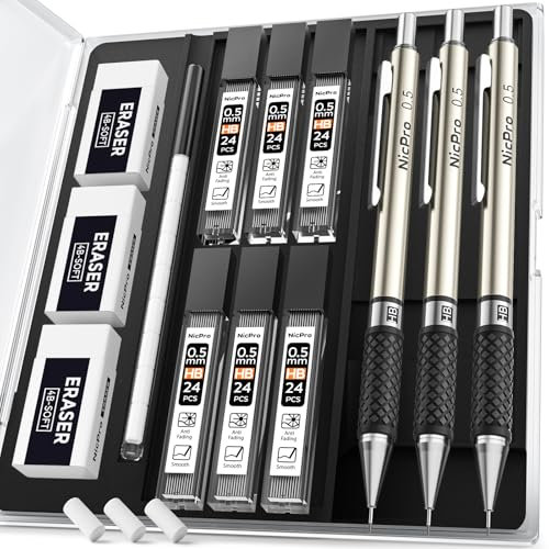 Nicpro 3 Stück Metall Druckbleistift Set, Kunst Bleistifte 0.5 mm mit 6 Dosen HB Bleistiftminen, 3 Radiergummis, zum Schreiben, Zeichnen und Skizzieren, Künstlern