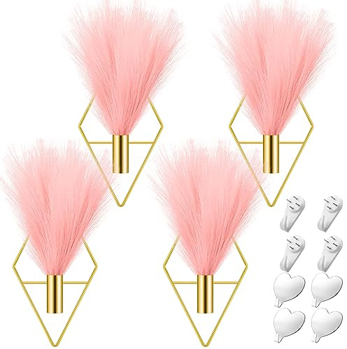 Hanaive 4 Sets Boho Gold Wall Decor Metal Wall Art Hanging Planters with Artificial Pampas Display Art Modern Home Metal Vase for Bedroom Living Room Home Office(Gold, Pink)