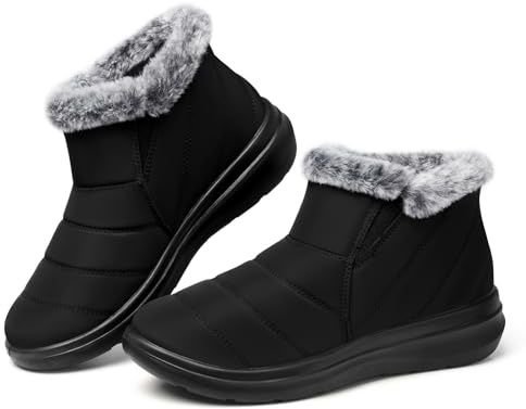 SHIBEVER Winter Waterproof Boots for Women: Snow Women Ankle Black Fur Lined Shoes Size 9 Slip On Warm Insulated Boot