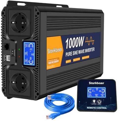 Starkbaer 1000w Inverter Onda Sinusoidale Pura 12v a 220v 230v Trasformatore di Potenza Convertitore Con Telecomando Display LCD, 2 Prese EU & 1 Porte 2.4A USB 1 Type-C per Camper/Barca