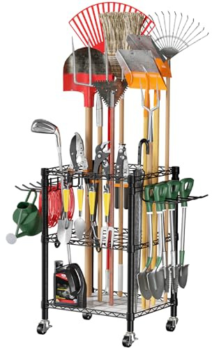 Roxibelt T1 Garden Tool Organizer（With Lockable Wheels）Heavy Duty Garage Tool Storage for Yard，Shed，Outdoor and Lawn，Freestanding Tool Organizers and Storage UP to 50 Tools，Black with Anti-Tip Device