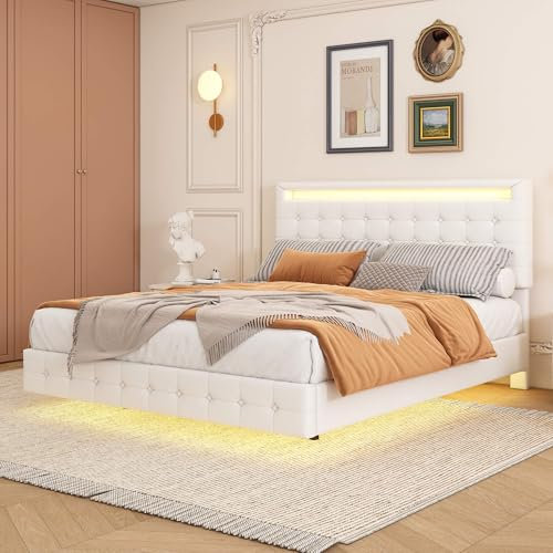 YCYDHDM Polsterbett 140 x 200 cm mit L/ED-Umgebungslicht und Lattenrost, Doppelbett mit Verstellbares Kopfteil, Bett für Schlafzimmer und Gästezimmer, Schwebebettrahmen, PU, Ohne Matratz, Weiß