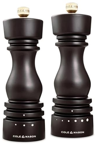 Cole & Mason London Molinillo de Sal y Pimienta, Mecanismo de Cerámica, 6 Grados de Molienda Ajustable, Madera de Haya Chocolate, Molinillo de Especias Recargable, Manual, 2 Pcs Set de Regalo, 18 cm