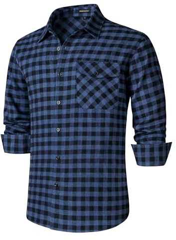 HISDERN Camisa Franela Cuadros para Hombre Camisa leñador de algodón Manga Larga con Bolsillo Corte Regular Azul 2XL