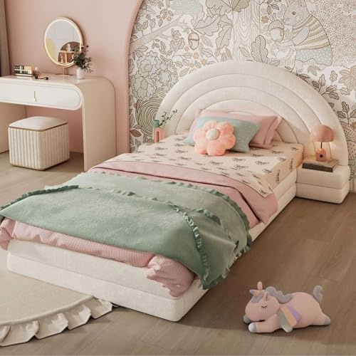 YEHTOKHOME Lit Moderne rembourré de 90 x 200 cm avec Deux Tables de Chevet et Une tête en Forme d'arc-en-Ciel,Simple lit Plat avec sommier à Lattes(sans Matelas) (Beige)