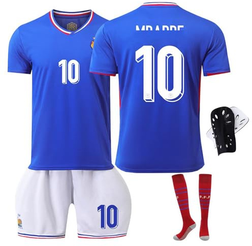 Awonlate Ensemble de Maillot de Football pour Enfant, Maillot de Football en Jersey, T-Shirt de Football et Protège -Tibias, Short de Football pour la Enfant XL Bleu,Taille:28 (Hauteur: 150-160CM)
