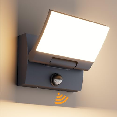 K-Bright 30W LED Applique Esterno/Interno con Sensore di Movimento, Lampade da Parete Orientabile IP65 Applique da Parete in Alluminio per Giardini Ingresso Terrazza, Antracite, Bianco caldo 3000K