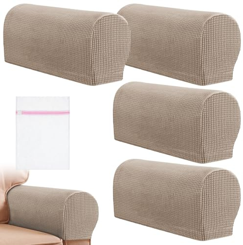 KASURE 4 Pcs Stretch Armrest Chair Covers, Machine Washable Anti-Slip Armchair Covers for Arms With Laundry Bag, for Sofas, Armchairs and Recliners (Sand)