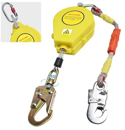 YAOYAOO Dispositivo Anticaida Retráctil 10m, Anticaidas Retractil Seguridad Homologado con Gancho Mejorado, Arnés Trabajo en Altura con Mosquetón, Capacidad de Carga: 150kg(Amarillo,10m)