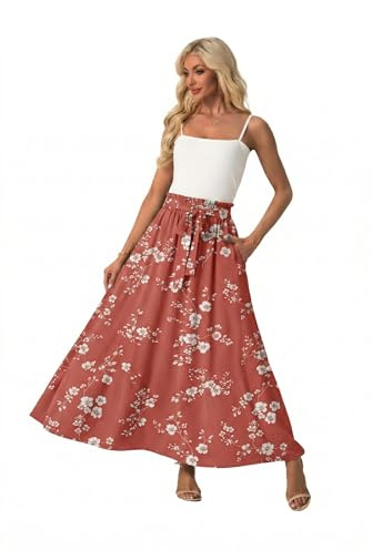 QIXING Women’s High Waist Flowy Long Maxi Skirt Boho Elastic Tie Waist with Pockets Summer Casual A-Line
