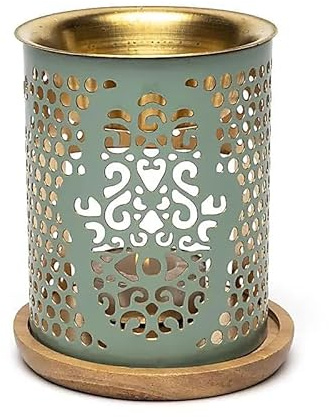 XdeliX Arommalampa Khamsa – Fatima-hand av metall med träunderlägg – 9 x 8,5 cm – doftlampa för eteriska oljor och doftolja – värmeljus doftlampa för meditation, yogadekoration