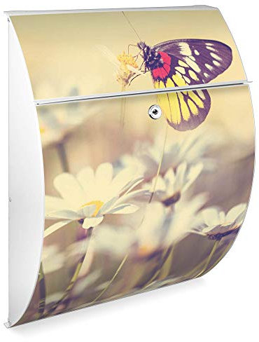 Burg Wächter Design Briefkasten | Modell Riviera 46x33,5x13cm groß | verzinkter Stahl weiß | Postkasten mit Öffnungsstopp, großer A4 Einwurf, Zylinderschloss, 2 Schlüssel | Motiv Rotgelber Falter