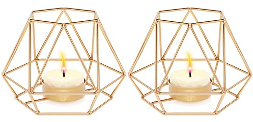 MoYouno 2Pcs Tea Light Candle Holders Set Home Decor, Metal Hollow Iron Decorative Candle Lanterns Holder, Ornament for Living Room, Wedding, Party, Events, Gold