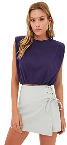 TRENDYOL Damen Skort-Shorts, Hohe Taille, Skinny Fit Pantalones Cortos, Gris, 62 para Mujer