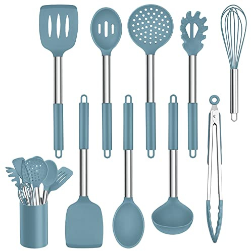 Homikit Juego de utensilios de cocina, 10 unidades, silicona, antiadherentes, resistentes al calor, con mango de acero inoxidable, saludables, aptos para lavavajillas, color azul