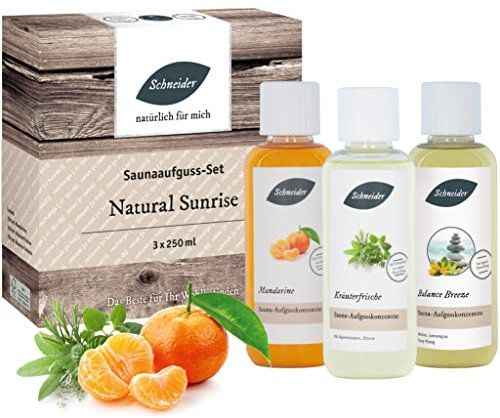 Saunabedarf Schneider - Aufgussset Natural Sunrise - 3 x 250 ml Inhalt - Saunaaufguss natürlich-frisch, wohltuender Mix