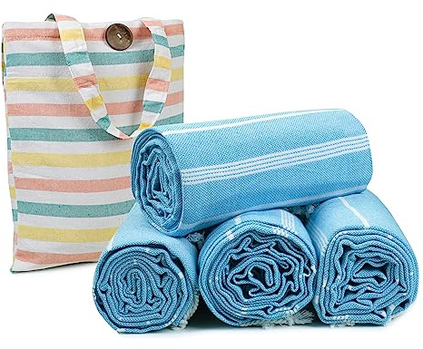 HILLFAIR Cotton Turkish Beach Towels, Quick Dry Lightweight Sand Free Peshtemal Towel for Bath Swim Yoga Pool Travel, Beach Accessories, Oversized Cotton Turkish Towels (39 x 72 inch- 4 Pack Sky)