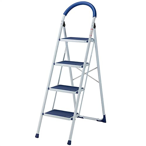 Bakaji Scala Scaletta Pieghevole Salvaspazio con Gradini Antiscivolo e Maniglione di Sicurezza Sgabello Scaletto Struttura in Acciaio e Rivestimento in Gomma Portata massima 150kg (4 Gradini Blu)
