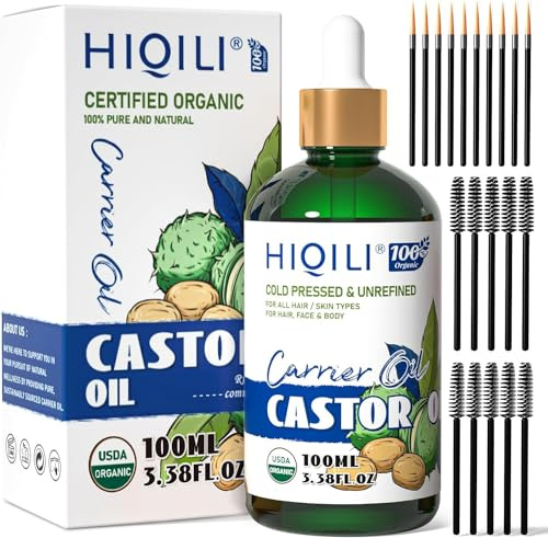 HIQILI Rizinusöl Kaltgepresst Bio 100ml, Mit Applikatorbürste, 100% Rein für Wimpern, Haare, Haut, Fingernägel