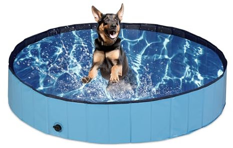 Relaxdays Hundepool, H x D: 30 x 160 cm, faltbar, mit Ablassventil, Hundeplanschbecken zur Abkühlung, PVC & MDF, blau