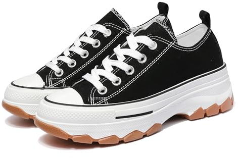 Nexsus Plus Ladies Women Chunky Sole Lace Up Low Top Sneakers Trainers (Black, UK Footwear Size System, Adult, Women, Numeric, Medium, 3)