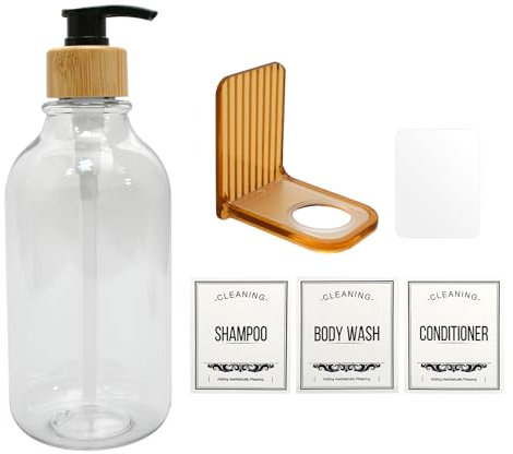 Dispensador Jabon BañO, Dosificador Jabon BañO con 3 Etiquetas, Dispensador Gel Y Champu Ducha con Soporte, 500 Ml, Transparente