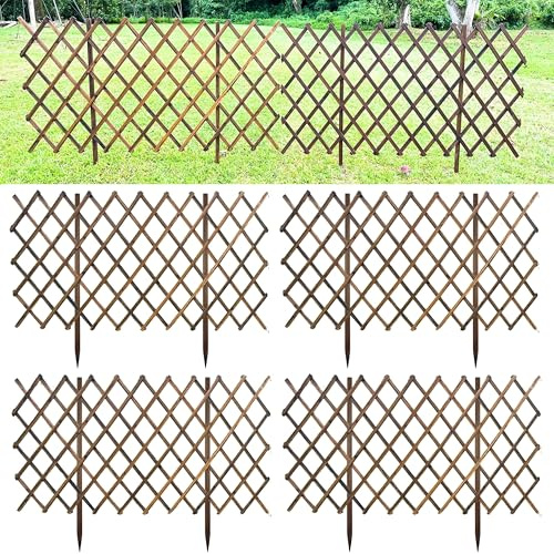 ShopLaLa Garden Fence (4 Pack, Total 24ft (L)) Wooden Lattice Panels for Outside Flower Edging for Yard Lawn Landscape Porch Patio Outdoor Decor, Expandable Wood Plant Trellis Fences and Gate for Dogs
