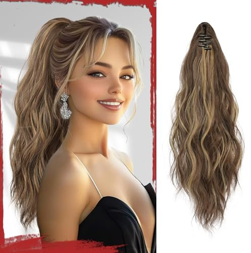 Sofeiyan Pferdeschwanz Haarteil mit Klammer, Lange Wellig Lockig Pferdeschwanz Zopf Extensions Synthetik Claw Clip in Haarteil Ponytail für Damen 41cm, Aschbraun mit Bleichblond hervorgehoben