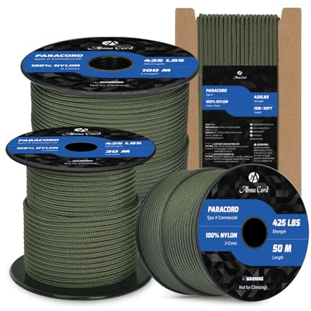 Abma Cord Paracord 3mm 15M 100% Nylon Seil Paracord 425 Typ II Schnur mit 3 Kern für Basteln, Camping, Survival - Max. 192kg (425lbs) - Armee Grün
