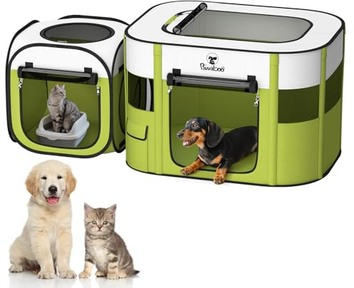 Pawaboo Parc 2 en 1 pour Chien et Chat, Parc pour Chiots Portable avec 600D Oxford, Tente Divisible pour Chaton et Chiot en Voyage, Enceinte pour Chien